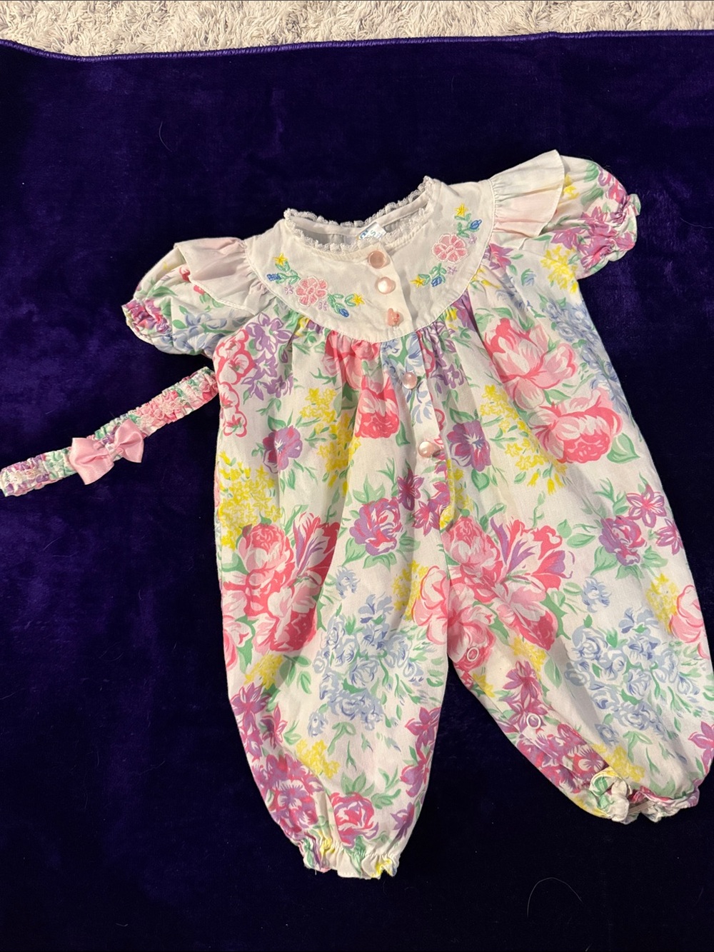 0/3m vintage 1980s Baby Floral Romper in Pink and Pastels with headband